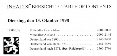  Gorny (München) Auktion 91 (1998) Mittelalter - Neuzeit besonders Reichsgold   
