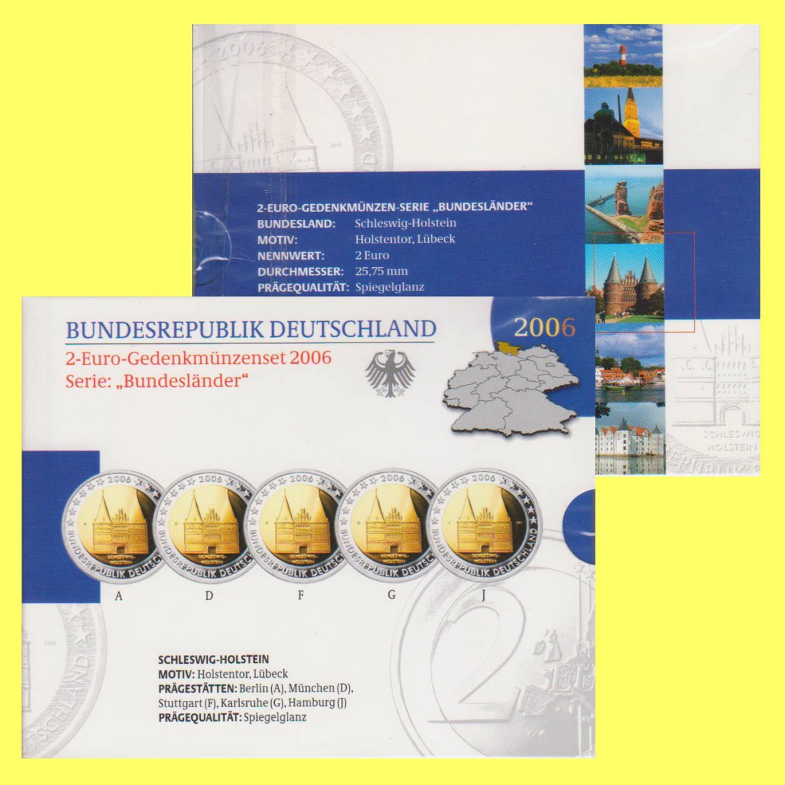  Offiz. 5x 2 Euro-Sondermünze A-J BRD *Holstentor in Lübeck* 2006 *PP*   