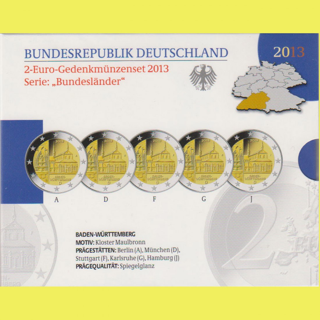  Offiz. 5x 2 Euro-Sondermünze A-J BRD *Kloster Maulbronn* 2013 *PP*   