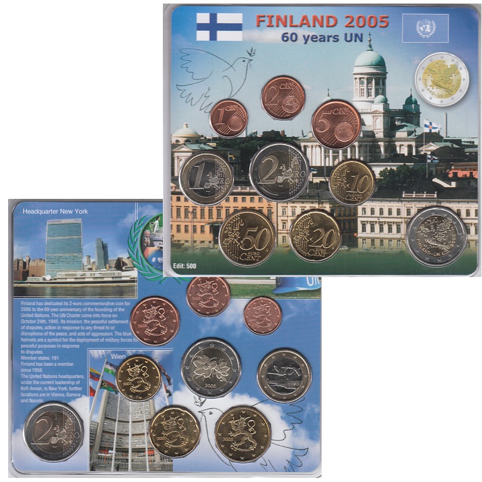  Offiz. Sonder-KMS Finnland *60 Jahre UN* 2005 mit 2€ SM 9 Münzen nur 500St!   