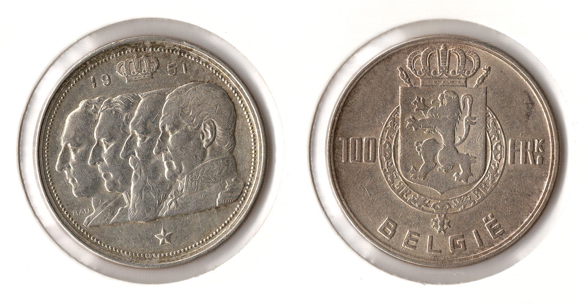  Belgien 100 Frank 1951 vz Silber   