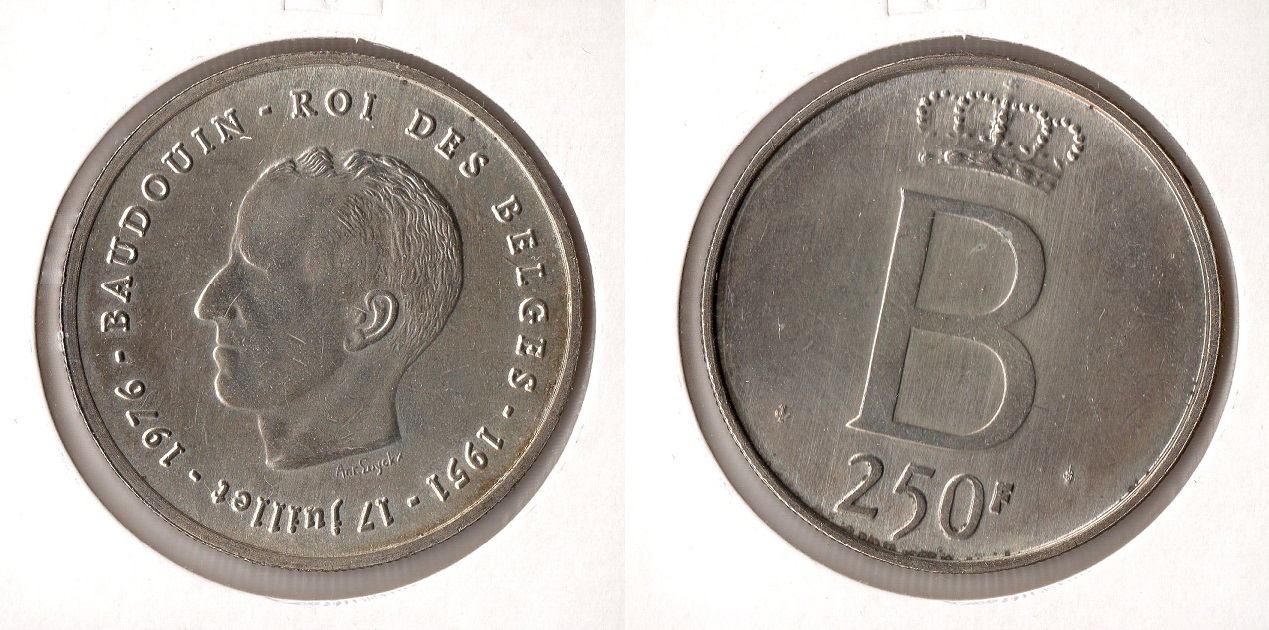  Belgien 250 Francs 1976 vz/bfr.**25. Jahrestag der Thronbesteigung...**Silber   