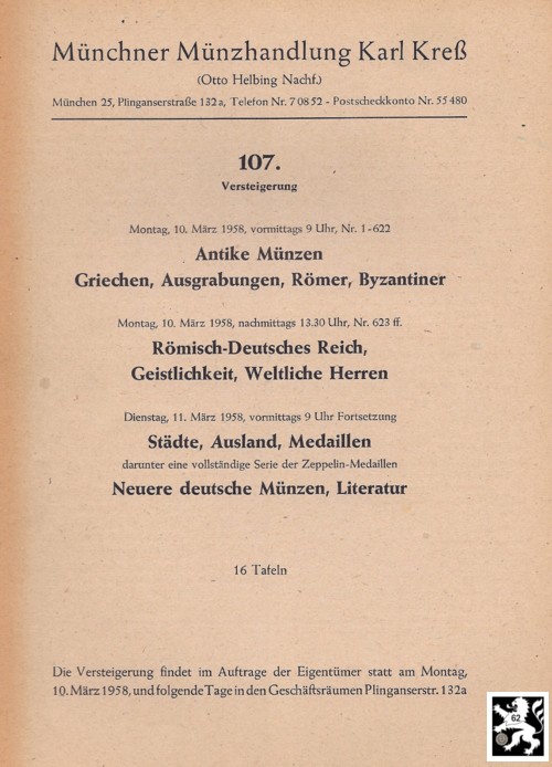  Kreß (München) Auktion 107 (1958) Münzen Antike Mittelalter & Neuzeit ua. Serie Zeppelin Medaillen   