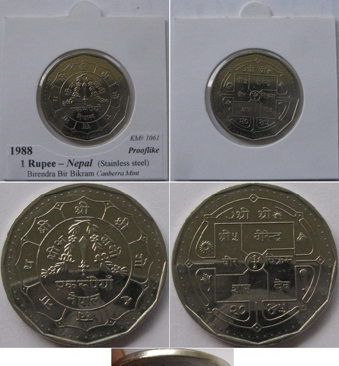  1988, Nepal, 1 Rupie (Birendra Bir Bikram) Polierte Platte   