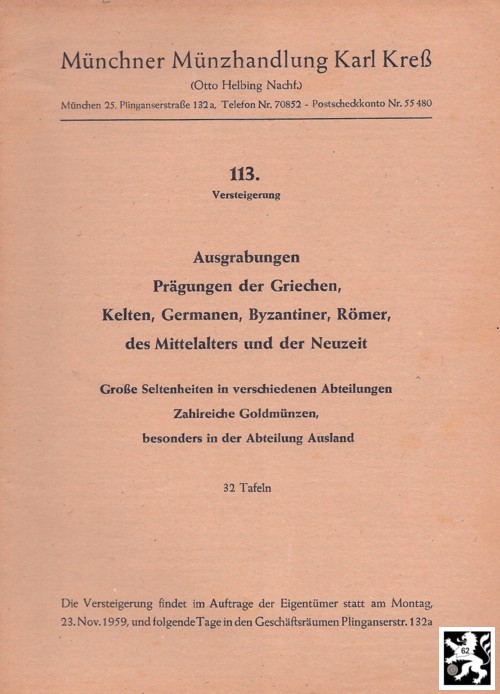  Kreß (München) Auktion 113 (1959) Antike bis Neuzeit Große Seltenheiten in verschiedenen Abteilungen   
