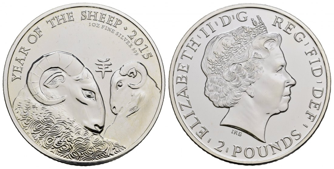 PEUS 7744 UK Großbritannien 31,1 g Feinsilber. Lunar Serie - Jahr des Schafs 2 Pounds SILBER Unze 2015 Uncirculated