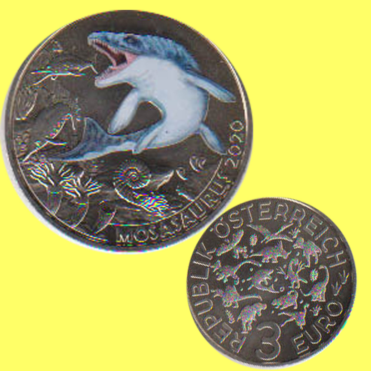 Offiz. 3 Euro-Farbmünze Österreich *Mosaurus hoffmanni* 2020 Nachtaktive Münzen   