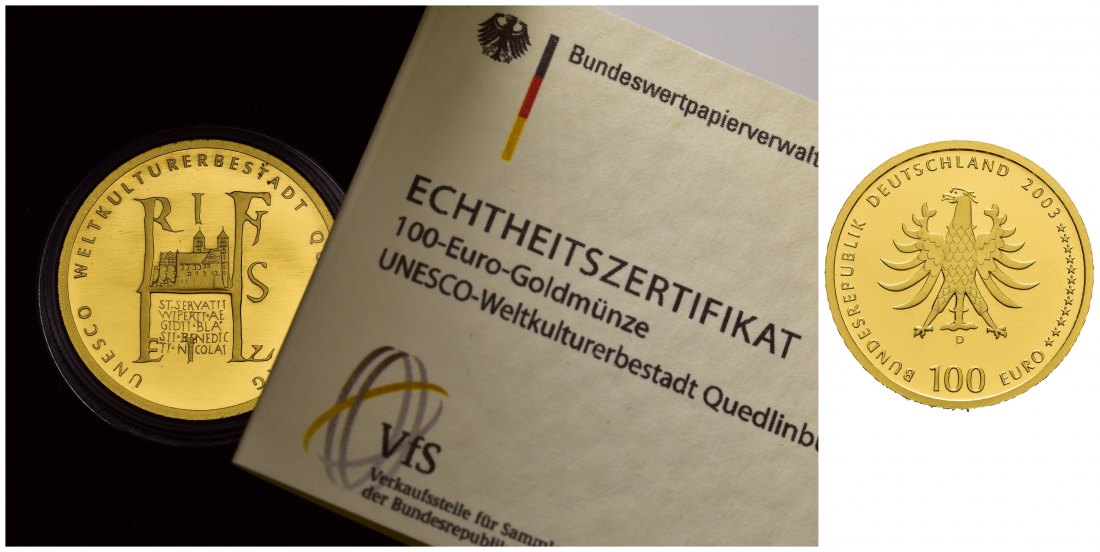 PEUS 7751 BRD 15,55 g Feingold. Quedlinburg mit Etui + Zertifikat 100 Euro GOLD 2003 D München Stempelglanz (Kapsel)