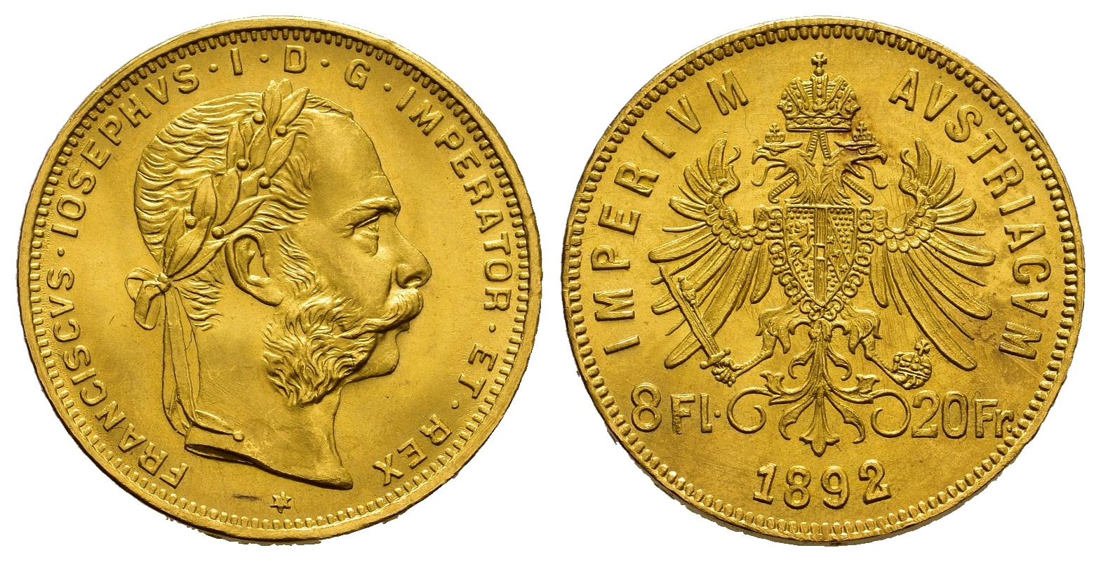 PEUS 7753 Österreich 5,81 g Feingold. Franz Joseph I. (1848 - 1916) 8 Gulden (NP) GOLD 1892 Stempelglanz