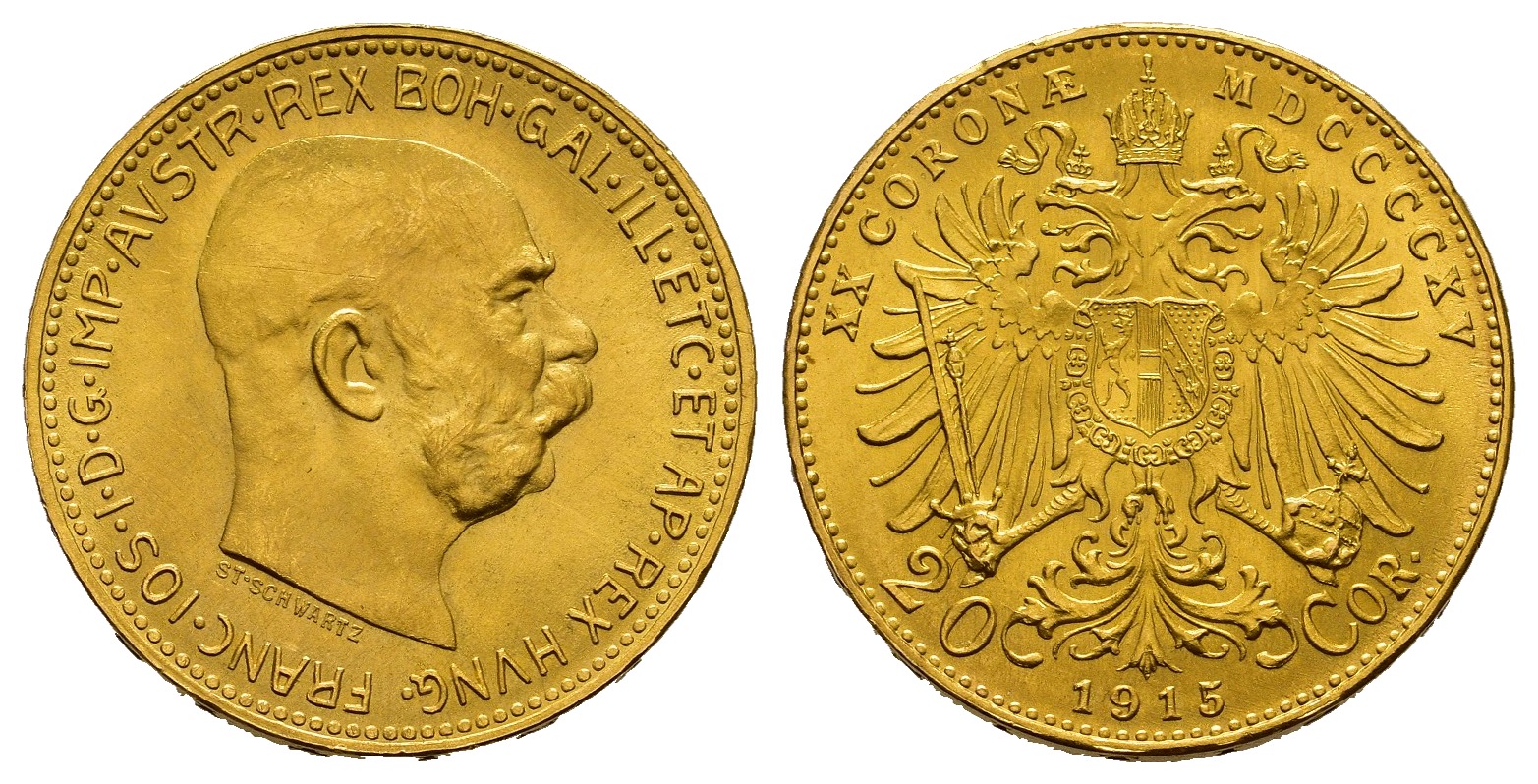 PEUS 7761 Österreich 6,1 g Feingold. Franz Joseph I. (1848 - 1916) 20 Kronen (off.NP) GOLD 1915 Stempelglanz