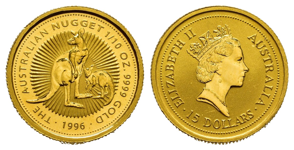 PEUS 7764 Australien 3,11 g Feingold. Zwei Kängurus 15 Dollars GOLD 1/10 Unze 1996 Kl. Kratzer, Vorzüglich