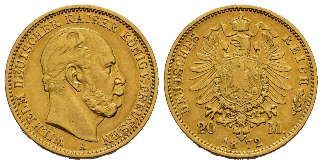 PEUS 7766 Kaiserreich - Preußen 7,16 g Feingold. Wilhelm I. (1861 - 1888) 20 Mark GOLD 1872 A Sehr schön
