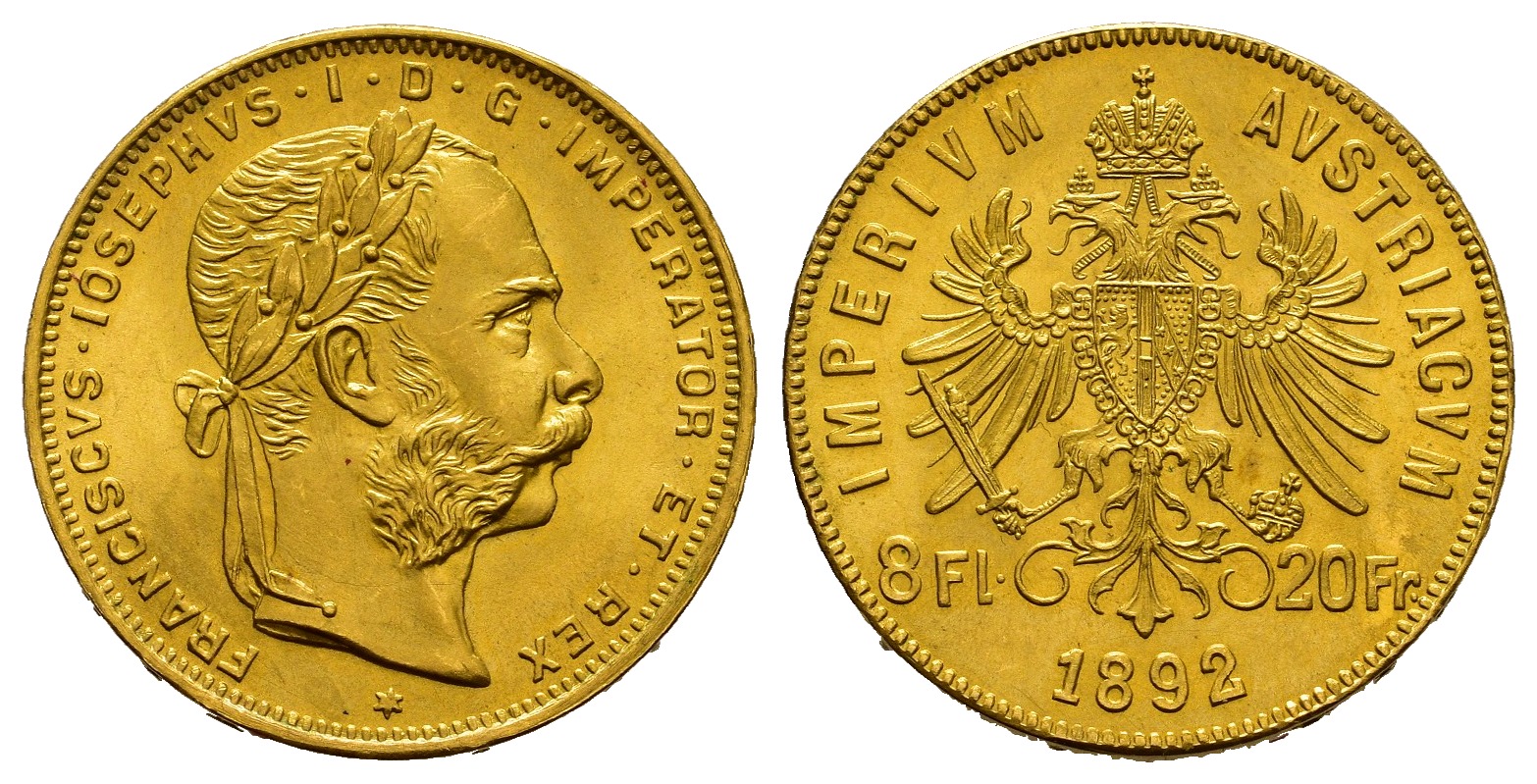 PEUS 7767 Österreich 5,81 g Feingold. Franz Joseph I. (1848 - 1916) 8 Gulden (NP) GOLD 1892 Stempelglanz