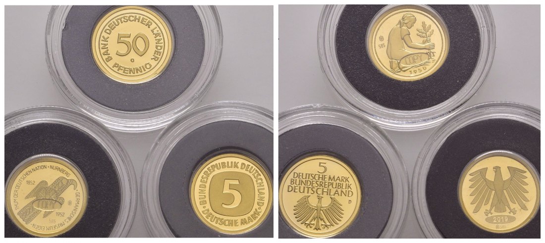 PEUS 7770 Deutschland Insg. 0,9 g Feingold. 50 Pfennig, 5 Mark, Germanisches Museum Goldmedaille Lot (3 Stück) o.J. Polierte Platte (Kapsel)