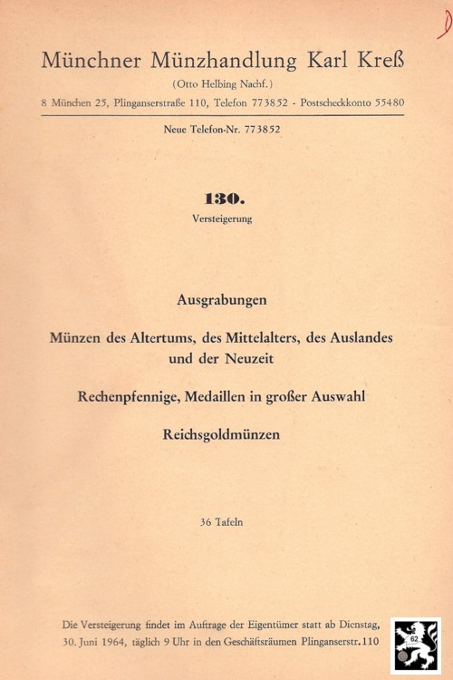  Kreß (München) Auktion 130 (1964) Antike bis Neuzeit ua Rechenpfennige ,Medaillen in großer Auswahl   