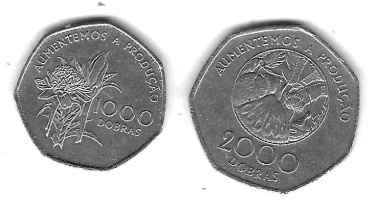  Sao Tome und Principe 1000 Dobras, 2000 Dobras je 1997, guter Erhaltungsgrad, siehe Scan unten   