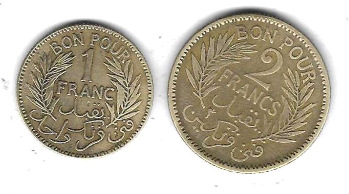  Tunesien Mini-Lot 1 Franc 1941, 2 Francs 1945, sehr guter Erhalt, siehe Scan unten   