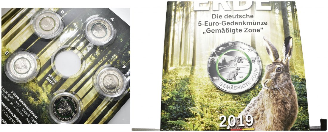 PEUS 7778 BRD Gemäßigte Zone mit grünem Polymerring 5 Euro Gedenkmünze (5 Münzen) 2019 A,D,F,G,J Uncirculated (Kapsel)