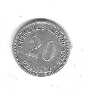  Kaiserreich 20 Pfennig 1874 D, Silber 1,111 gr. 0,900, vorne gut, hinten abgegriffen,   