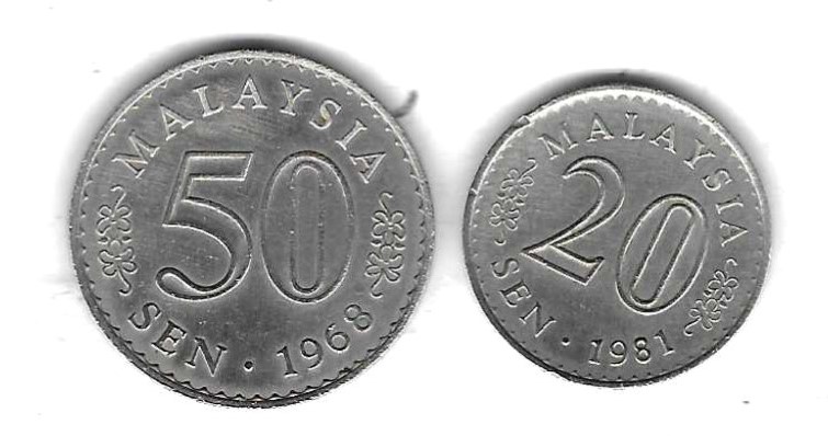  Malaysia 50 Cent 1968, 20 Cent 1981, sehr guter Erhalt, siehe Scan unten   