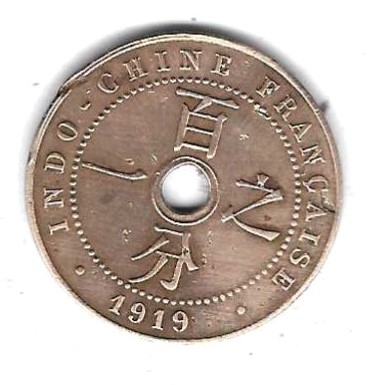  Französisch-Indochina 1 Cent 1938, Bronze, Vorders. abgegriffen, Rücks. Top.siehe Scan unten   