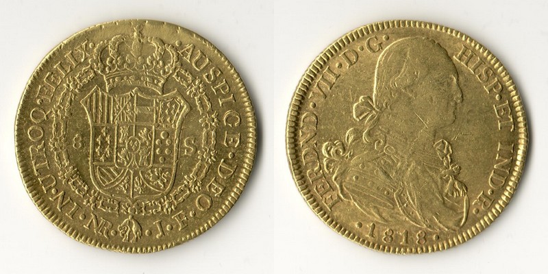 Kolumbien MM-Frankfurt  Feingold: 23,61g 8 Escudos 1818 Ferdinand VII (1808-1820)