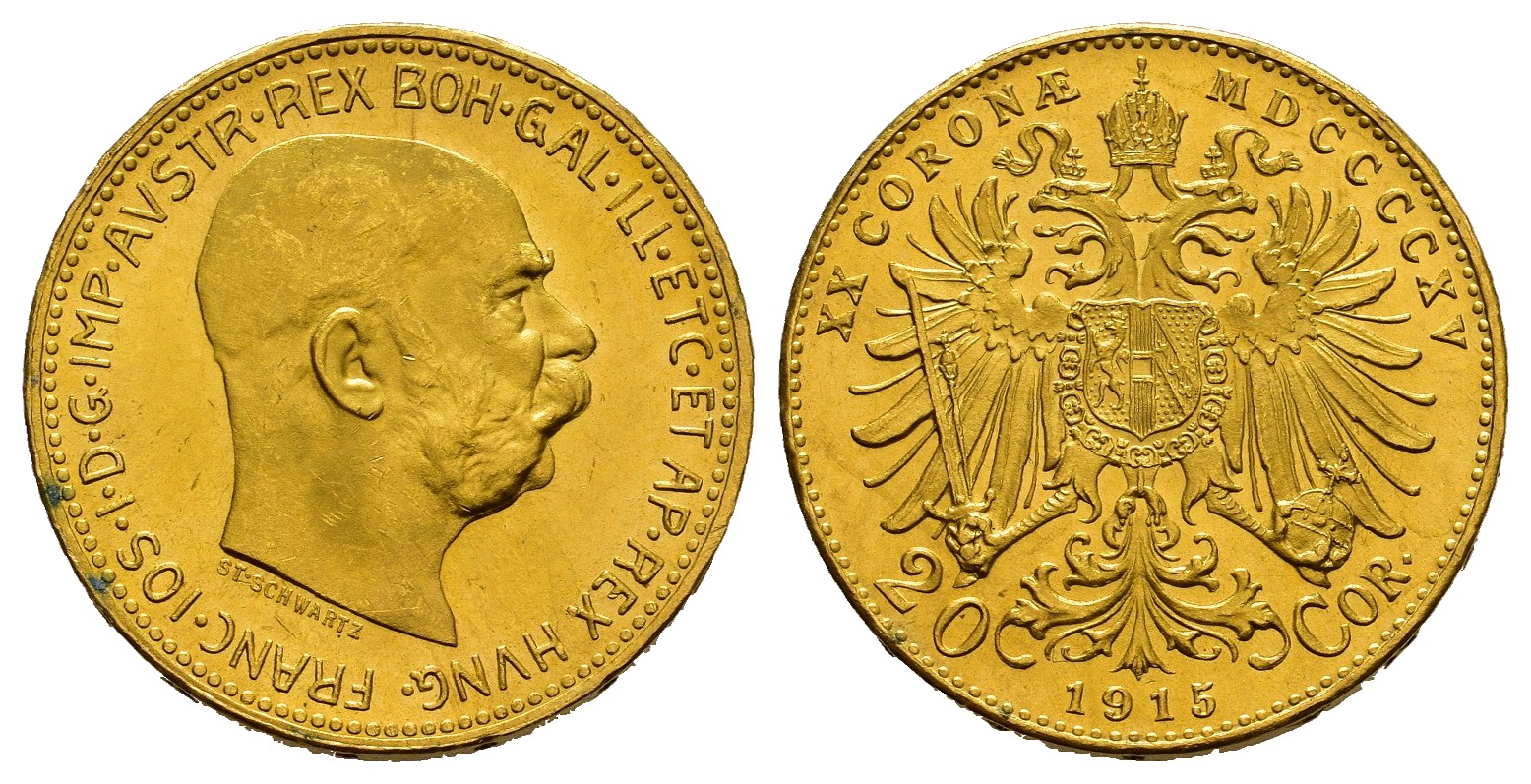 PEUS 7679 Österreich 6,1 g Feingold. Franz Joseph I. (1848 - 1916) 20 Kronen (off.NP) GOLD 1915 Stempelglanz