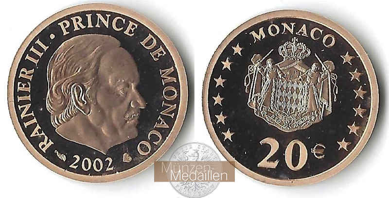 Monaco, Fürst Rainer III MM-Frankfurt Feingold: 5,8g PP 20 Euro 2002 