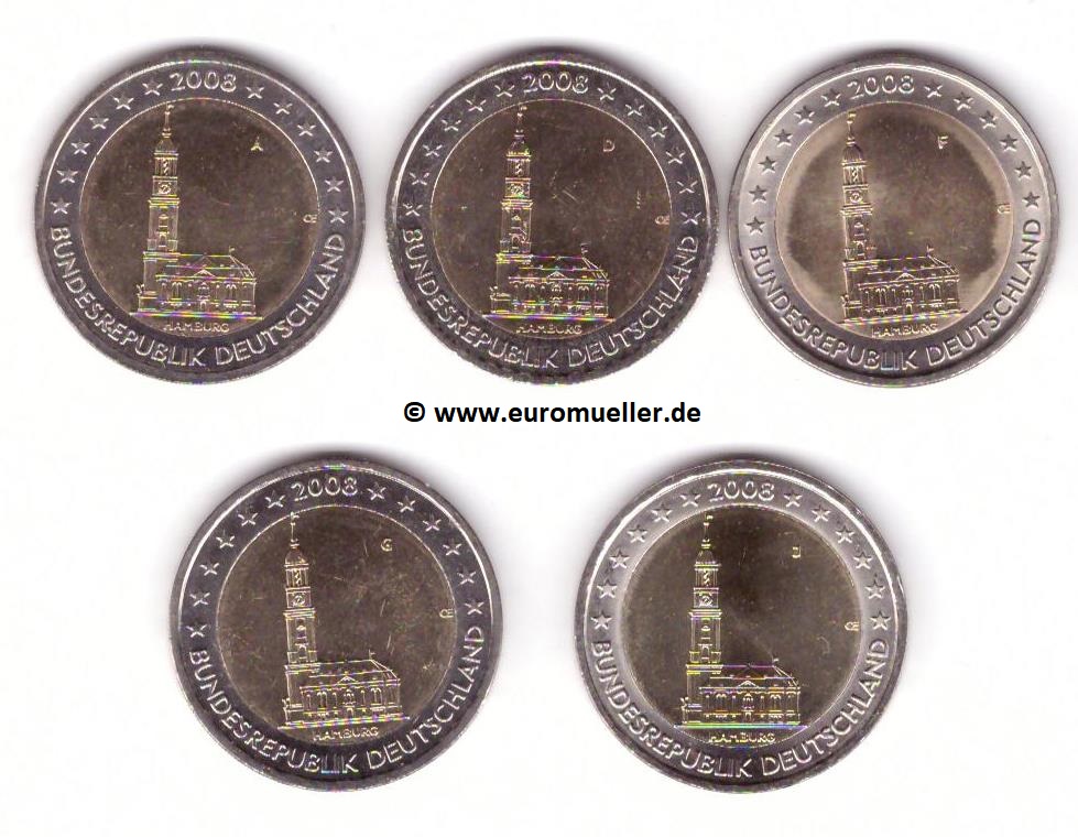 Deutschland ...5x 2 Euro 2008...Hamburg...unc.   