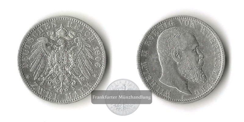  Württemberg, Kaiserreich 2 Mark  1906 F  Wilhelm II.  FM-Frankfurt Feingewicht: 10g   