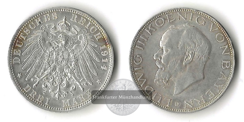  Bayern, Kaiserreich  3 Mark  1914 D Ludwig III. FM-Frankfurt Feinsilber: 15g   