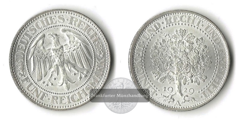  Deutschland, Weimarer Rep.  5 Reichsmark  1929 A FM-Frankfurt  Feinsilber: 12,5g   