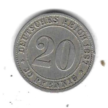 Kaiserreich 20 Pfennig 1887 D, Cu-Ni. , vorne gut, hinten abgegriffen, siehe Scan unten   