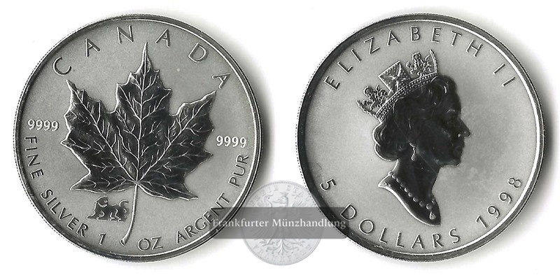  Kanada  5 Dollar  1998  Maple Leaf  Privy Mark  FM-Frankfurt   Feinsilber: 31,1g   