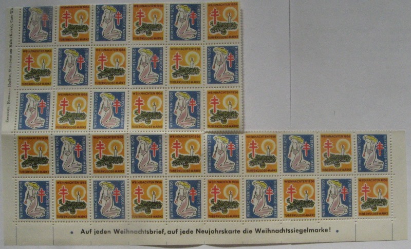  1956, Germany Christmas seal stamps (Tannenzweig+Angel), 2/5 sheets (38 stamps per sheet)   