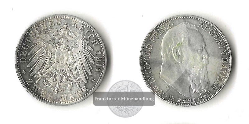  Bayern, Kaiserreich  2 Mark  1911 D  Luitpold,  Prinzregent   FM-Frankfurt Feinsilber: 10g   