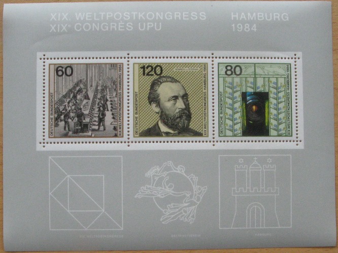  1984, Deutschland, 19. U.P.U. World Post Congress, Hamburg, Briefmarkenbogen, MHN   