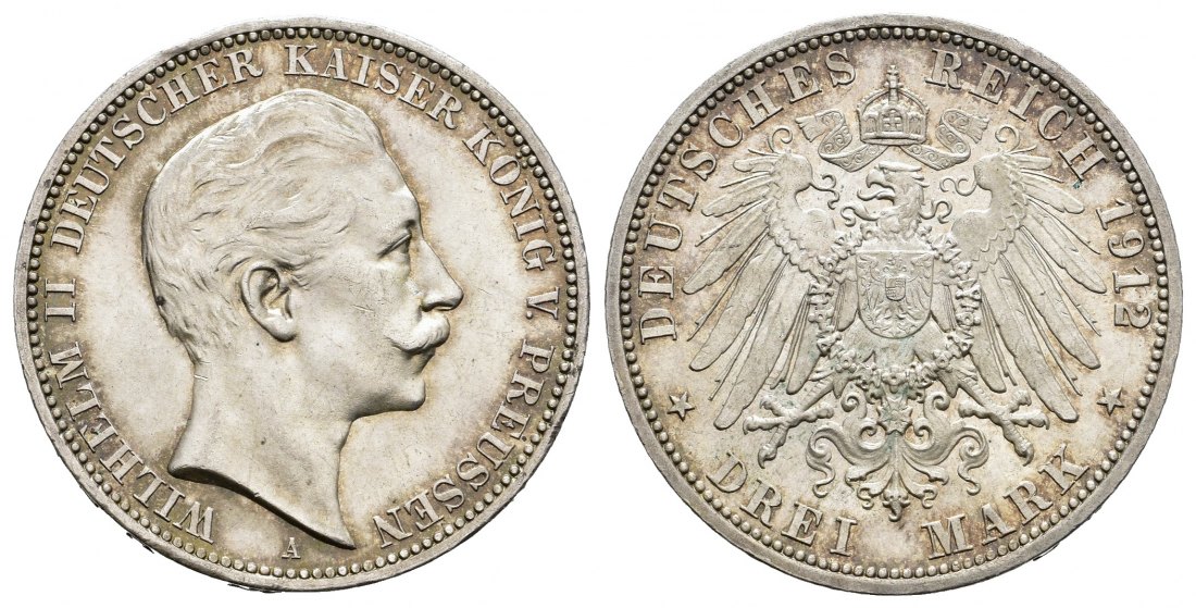 PEUS 7812 Preußen - Kaiserreich Wilhelm II. (1891 - 1918) 3 Mark 1912 A Kl. Kratzer, Sehr schön / Vorzüglich
