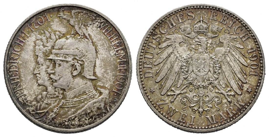 PEUS 7823  Kaiserreich - Preußen 200jähriges Jubiläum. Friedrich I. + Wilhelm II. 2 Mark 1901 A Kl. Kratzer Patina, Vorzüglich