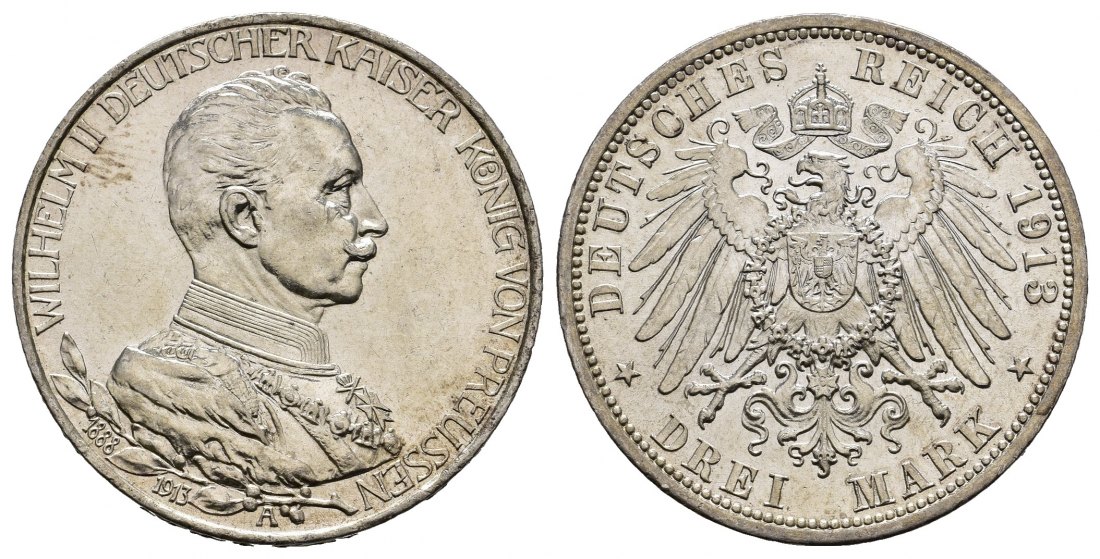 PEUS 7824 Preußen - Kaiserreich 25jähriges Regierungsjubiläum Wilhelm II. in Uniform 3 Mark 1913 A Kl. Kratzer, fast Stempelglanz