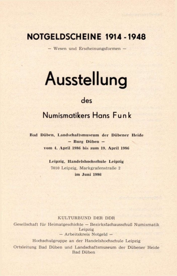  DDR Numismatische Hefte 32 (1986) Bad Düben, Notgeldscheine 1914-1948 Ausstellung Numismatiker FUNK   