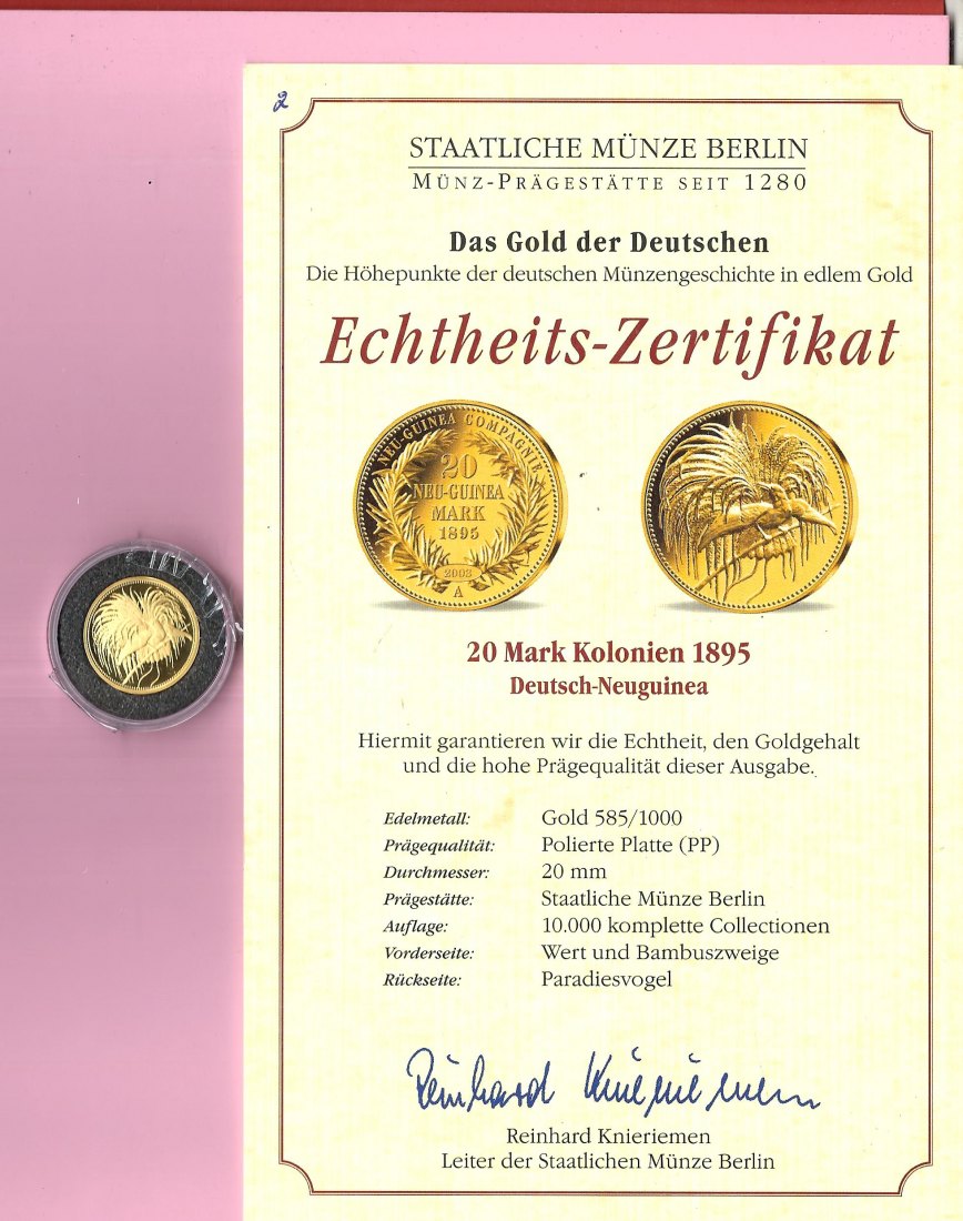  20 Mark Deutsch Neuguinea NP 3,5 Gr.585 AU PP Golden Gate Münzenankauf Koblenz Frank Maurer 805   