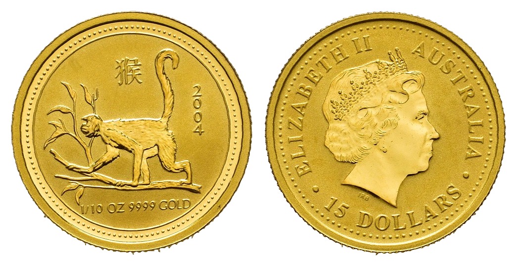 PEUS 7838 Australien 3,11 g Feingold. Jahr des Affen 15 Dollar GOLD 2004 PROOF (Matt)