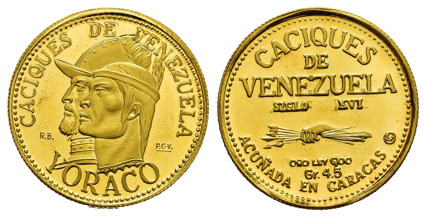 PEUS 7841 Venezuela 4 g Feingold. Caciques de Venezuela - Häuptling Yoraco 10 Bolivares GOLD o.J. (1962) Vorzüglich