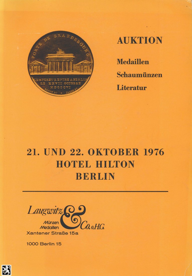  Laugwitz (Berlin) - Auktion 01 (1976) Medaillen - Schaumünzen - Literatur / Wichtiges Werk !   