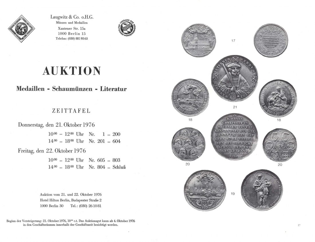  Laugwitz (Berlin) - Auktion 01 (1976) Medaillen - Schaumünzen - Literatur / Wichtiges Werk !   