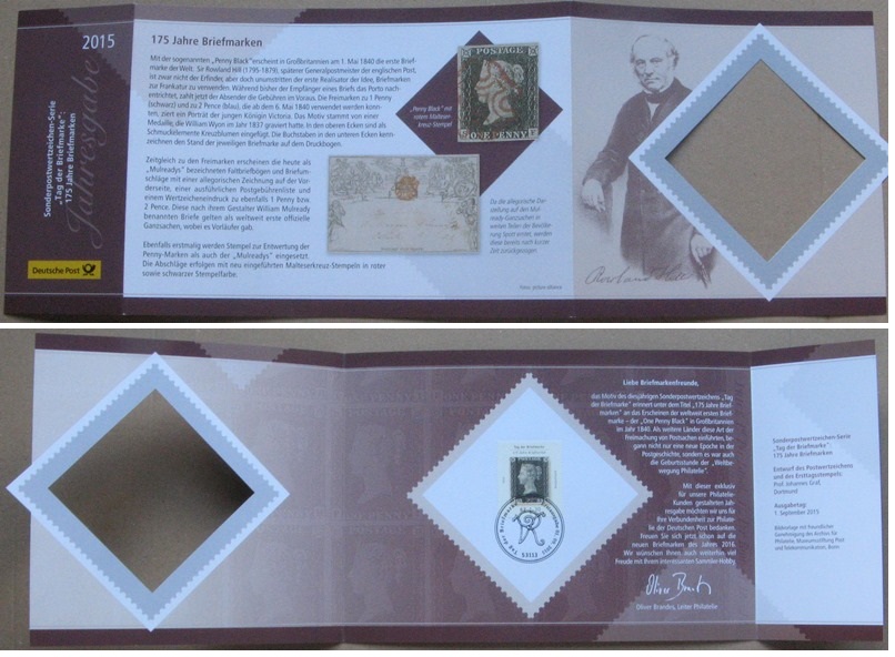  2015, Deutschland,Sonderpostwertzeichen „175 Jahre Briefmarken”-Ersttagsmarke:175 Jahre Penny Black   
