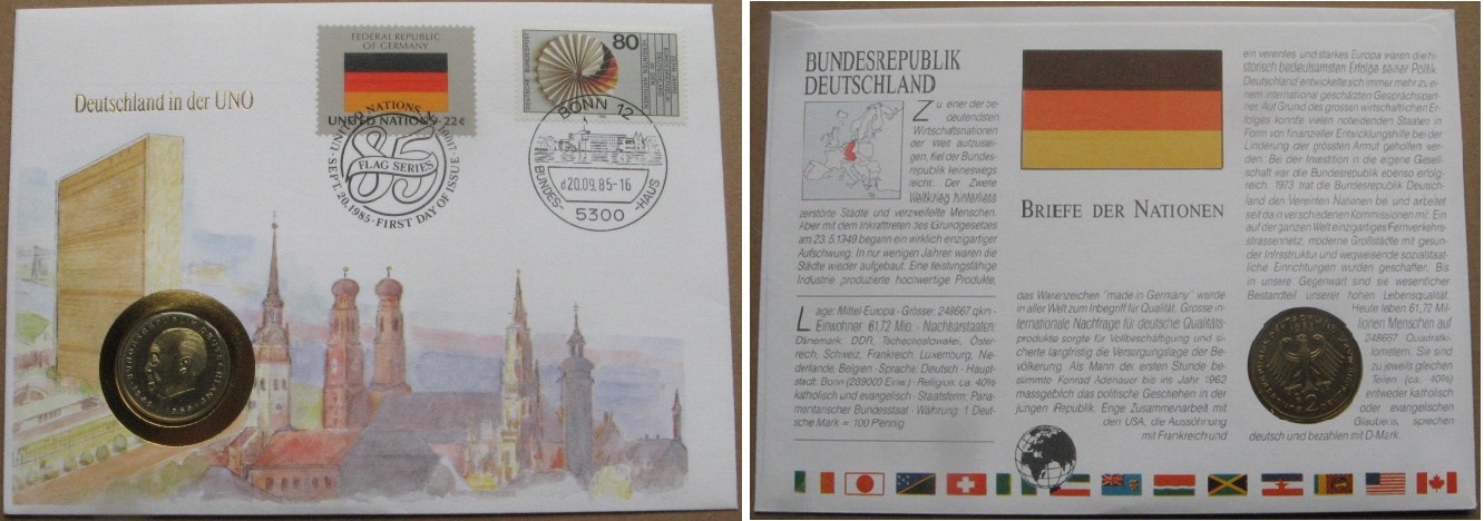  1985, Germany, a philatelic numismatic cover: „Germany on the UN”   