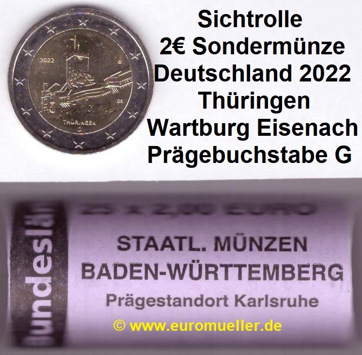 Deutschland Rolle 2 Euro Gedenkmünze 2022...Thüringen...G   