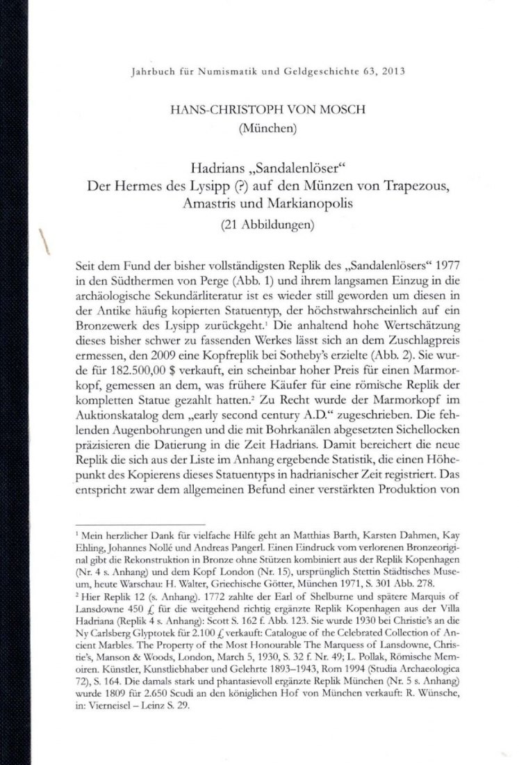 Hadrian's Sandalenlöser Der Hermes des Lysipp(?)auf den Münzen v. Trapezous ,Amastris ,Markianopolis